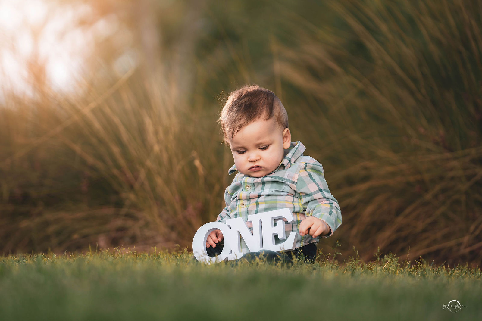 One year old holding white ONE letters in the tall grass